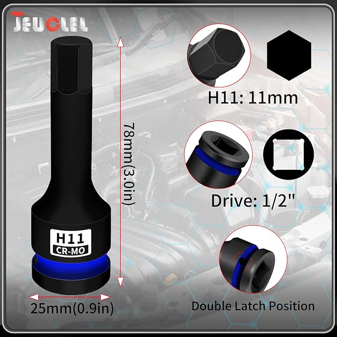 11mm Hex Impact Bit Socket, H11 1/2-Inch Impact Drive Allen Socket, Cr-Mo Steel Lengthen Hex Screwdriver Adapter for Electric Ratchet Wrenches Fastening Screws
