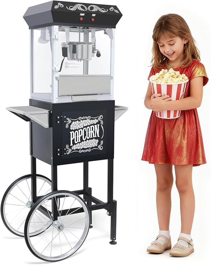 8 Oz Popcorn Machine Cart, 650 W, Popcorn Maker Machine with Stainless-Steel Kettle, Movie Theater Popcorn Machine with Steel Frame Tempered Glass Doors & Heated Warming Deck, Black