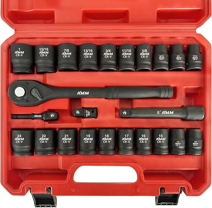 AMM 1/2" Drive Master Impact Socket Set, 24-Piece Shallow Standard SAE (7/16-Inch to 1-Inch) & Metric (13-24 mm) Sizes, Socket Assortment with Ratchet Handle竊똂r-V Steel