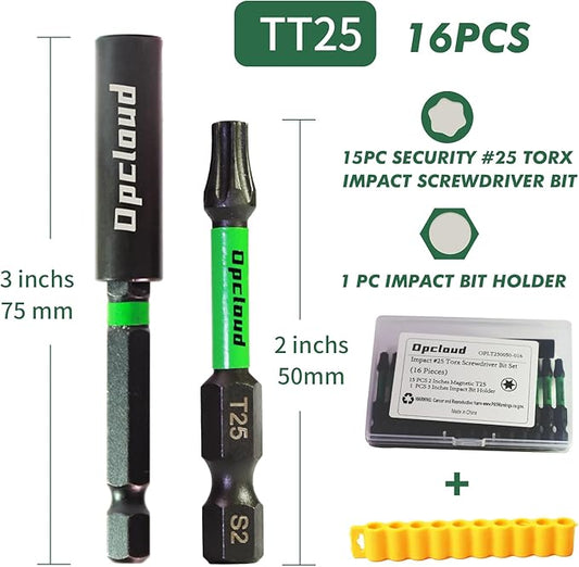T25 Impact Screwdriver Bit Set, 16 Pieces 2?쒾2 Steel Magnetic Security #25 Torx Tips Driver Power Bit Set with Extension Impact Bit Holder