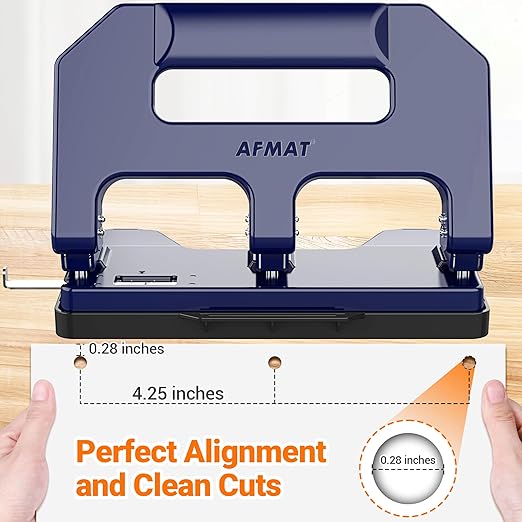 AFMAT Heavy Duty 3 Hole Punch, 3 Hole Puncher for Binder, 40-Sheet Three Hole Punch w/ 10000+ Uses, Metal Hole Puncher 3 Ring, 50% Reduced Effort, 9/32inch Hole, Bulit-in S.S. Paper Guide HPX1 (Blue)