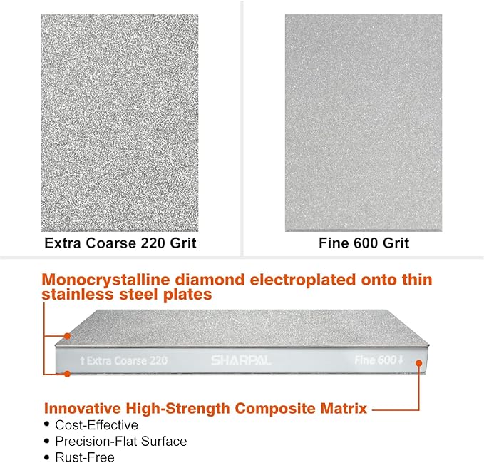 SHARPAL 169H Large 8" x 3" Dual-Grit Diamond Sharpening Stone ??Extra-Coarse 220 & Fine 600 Grit Monocrystalline Diamond Whetstone, Professional Knife Sharpener with Anti-Slip Pad and Angle Guide