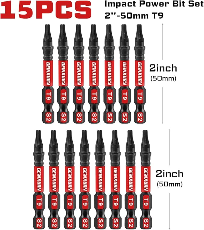 15 Pieces T9 Impact Tough Magnetic Screwdriver Bit Set, 2 In. #9 Torx Head power Bit Set, S2 Alloy Steel T9 Star Bit