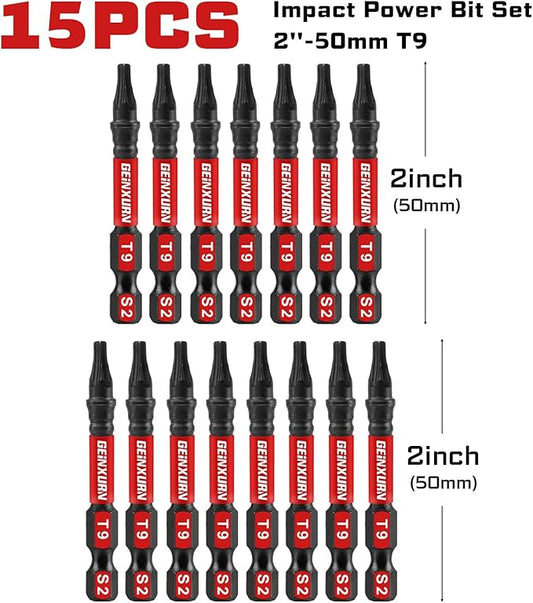 15 Pieces T9 Impact Tough Magnetic Screwdriver Bit Set, 2 In. #9 Torx Head power Bit Set, S2 Alloy Steel T9 Star Bit