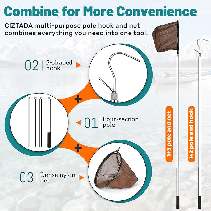 65 Inch Adjustable Pole with Net and Hook Multi-functional Pole Net Hook Tool Pool Skimmer Pole Net and Sturdy Truck Cargo Retrieval Pole Combo for Pool, Pond, Hanging and Removing Heavy Items