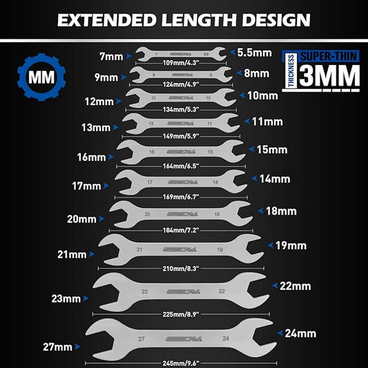 19-Piece Super Thin Open-End Wrench Set, SAE 1/4"-1-1/16" & Metric 5.5??7 mm, 3 mm Thickness Slim Wrench Set for Tight Spaces, Nickel Plated Flat Wrenches with Red & Blue Rolling Storage Pouches