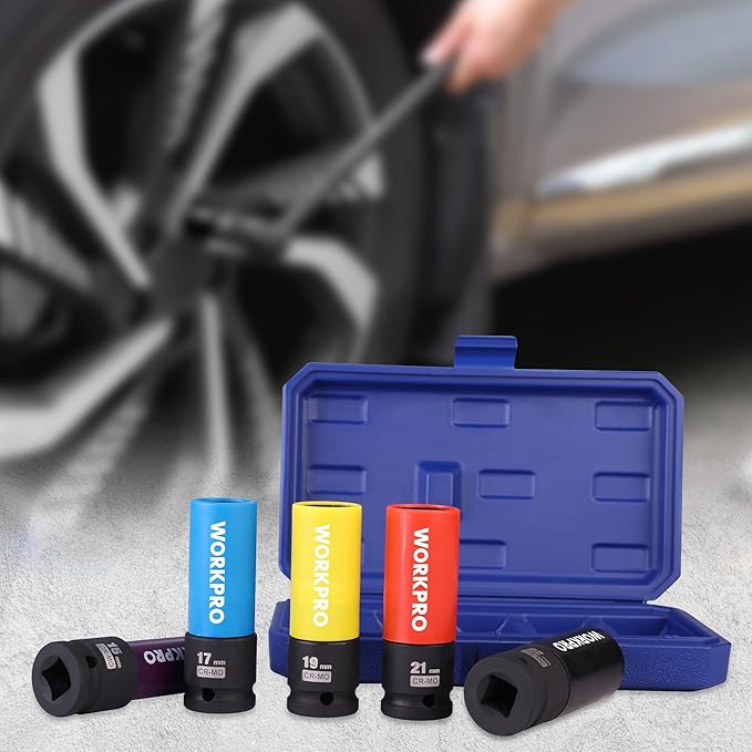WORKPRO 1/2" Drive Lug Nut Socket Set, 5 Pieces 15 17 19 21 22 MM Non-Marring Lug Nut Wheel Socket Set, Thin Wall Wheel Protector Nut Socket