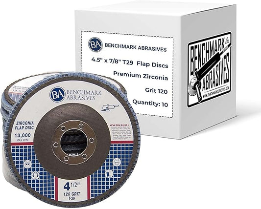 Benchmark Abrasives 4.5" x 7/8" Premium Zirconia T29 Angled Flap Discs 4 1/2 for Angle Grinder, Sanding Discs, Finishing, Rust, Stock Removal- Grinding Wheels 4 1/2 Inch (10 Pack) - 120 Grit