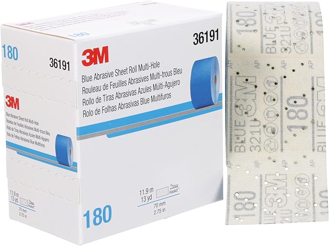 3M Hookit Blue Abrasive Sheet Roll, 36191, Multi-Hole, 2.75 in x 13 yd, 180+ Grade, Automotive Sanding Roll Sandpaper for Coating Removal, Body Repair, Auto Sanding