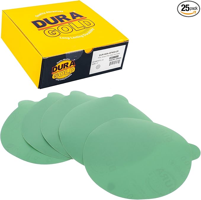 Dura-Gold Premium 6" Green Film PSA Sanding Discs - 400 Grit (Box of 25) - Self Adhesive Stickyback Sandpaper for DA Sander, Finishing Fine Cut Abrasive - Sand Automotive Car Paint, Woodworking Wood