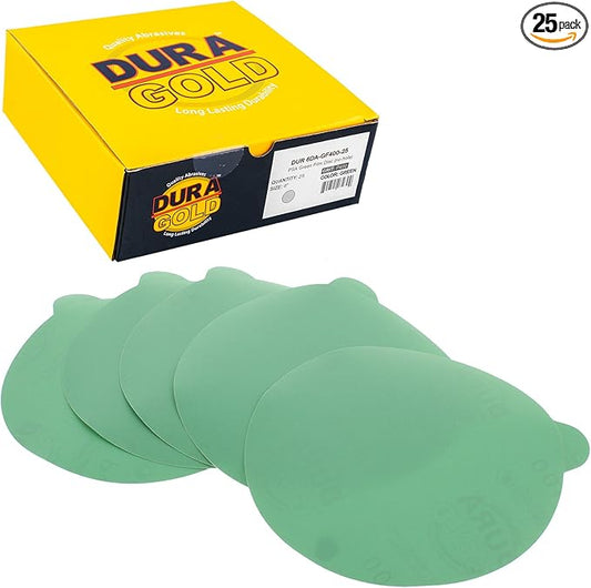 Dura-Gold Premium 6" Green Film PSA Sanding Discs - 400 Grit (Box of 25) - Self Adhesive Stickyback Sandpaper for DA Sander, Finishing Fine Cut Abrasive - Sand Automotive Car Paint, Woodworking Wood