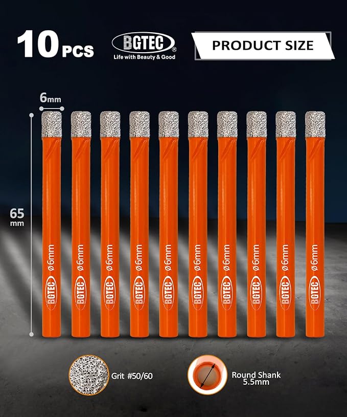 Dry Diamond Drill Bit Set,BGTEC 10pcs 1/4" 6mm Hole Saw for Granite,Marble,Masonry, Concrete, Tile/Ceramic, Glass, Hard Plastic,Vacuum Brazed Diamond Core Drill Bit Kit