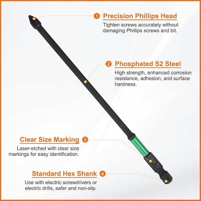 HARFINGTON 3pcs #1 Impact Phillips Screwdriver Bit PH1 1/4" Hex Shank 6" (150mm) Long 0.16" Rod Magnetic Cross Head Drill Bits S2 Steel Industrial Screw Driver for Impact Power Drivers