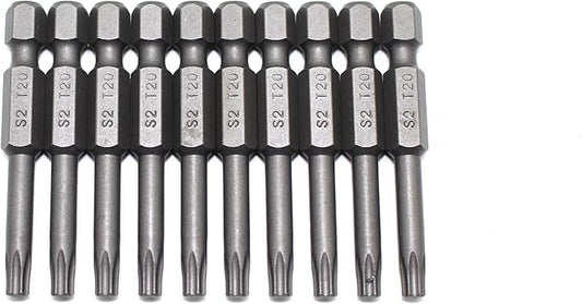 TEMO 10 pc T20 Torx Star Head Screwdriver Bit Set, S2 Steel 6 Point T-20 Reduced Round Shaft Screwdriver Insert Bits Hex Shank