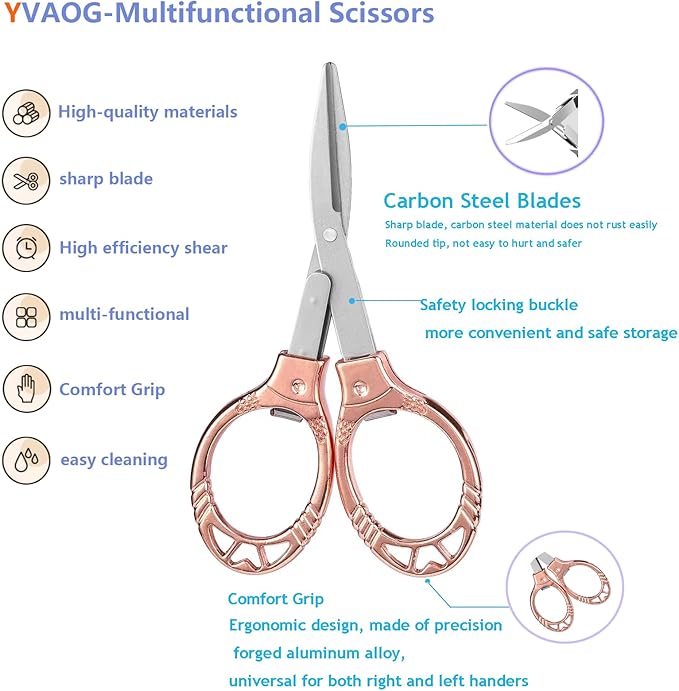 Mini Folding Scissors, Safe Portable Travel Mini Scissors, Stainless Steel Retractable Small Scissors for Home Office, 2 Piece Set (rose gold-A)