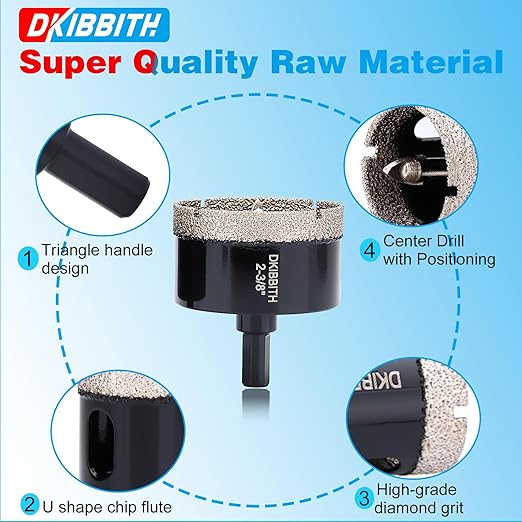 DKIBBITH 2-3/8" Diamond Hole-Saw Bits with Pilot Drill Bit - 2-3/8" Diamond Tipped Tile Hole Saws with Guiding Bit for Porcelain Tile Ceramic Pottery Granite Stone Glass Bottles 60mm.