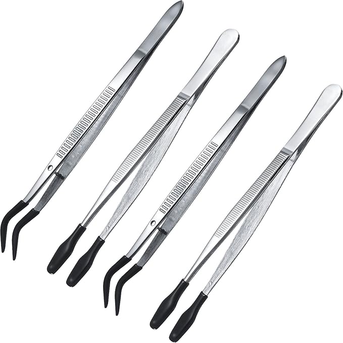 Honoson 4 Pieces Rubber Tipped Tweezers PVC Silicone Tip Tweezers Coated Flat and Bent Forceps for Lab Industrial Jewelry Craft Coin Stamp Tongs(Black)