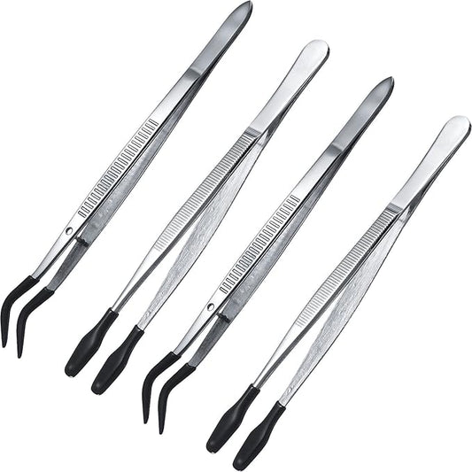 Honoson 4 Pieces Rubber Tipped Tweezers PVC Silicone Tip Tweezers Coated Flat and Bent Forceps for Lab Industrial Jewelry Craft Coin Stamp Tongs(Black)