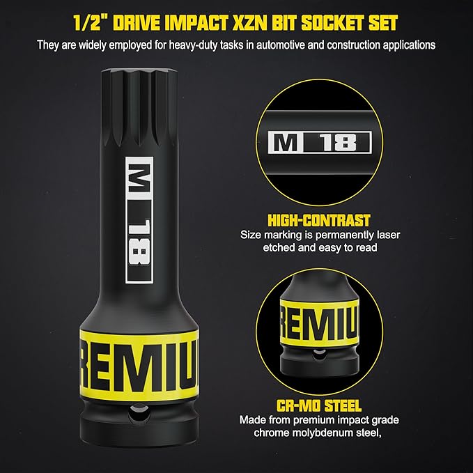 1/2" Drive Impact XZN Bit Socket Set, 10 Piece Impact XZN Triple Square Bit Socket Set, M5 - M18, Cr-Mo Steel, for Fastener Replacement