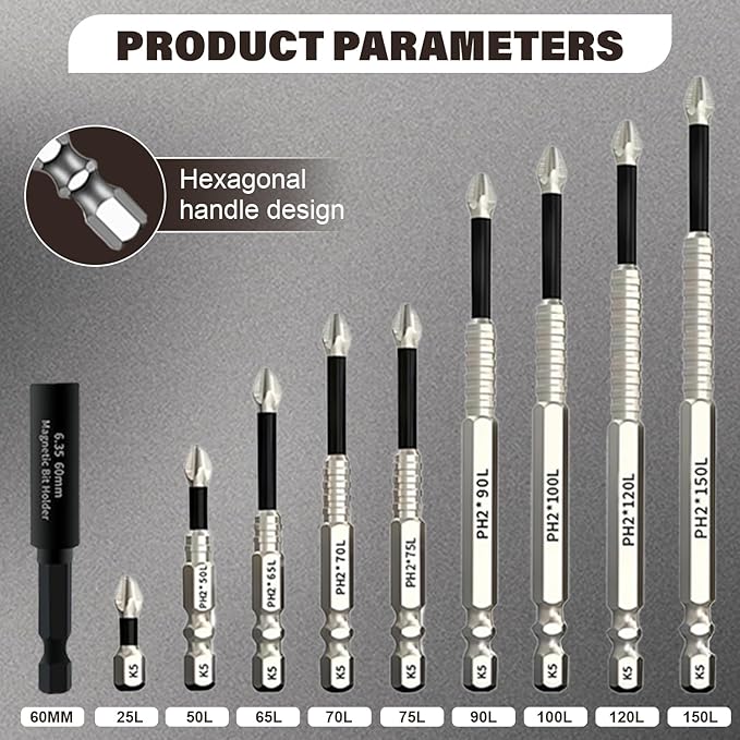 High Magnetic Screwdriver Drill Bit Set, 2025 New Magnetic Screwdriver Bits, Universal Anti Slip Magnetic Electric Screwdriver Set Suitable for Home Decoration, Car Repair (10Pcs)