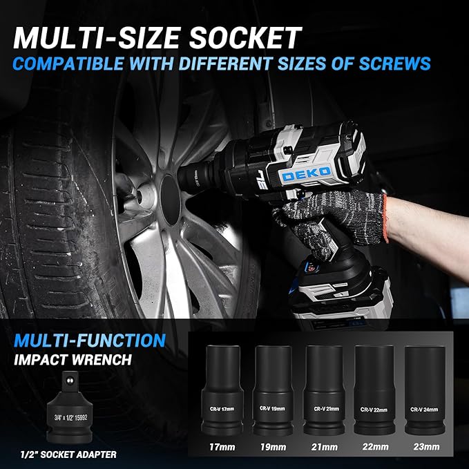 DEKOPRO Cordless Impact Wrench 20V 3/4" High Torque Power Electric Impact Gun with 5 Sockets 2 Batteries, 1300Ft-lbs(1800N.m) for Vehicle Assembly, Equipment Maintenance, Building Construction