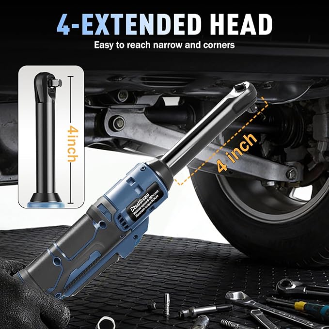 Cordless Ratchet Wrench, 4-inch Extended Ratchet Wrench with 2x 2.0Ah Battery,45FT-LBS (60N.m)Variable Speed Power Ratchet Driver Set with 6 Sockets,1/4 Adaptor, 3"Extension Bar (Blue-4in)