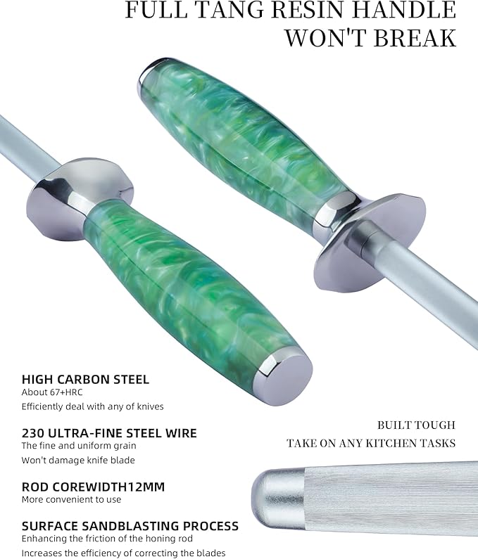 Honing Rod, Sharpening Steel for Kitchen Knives ??9" Honing Steel ??Resin Handle ??XUAN Series (Jade Green)