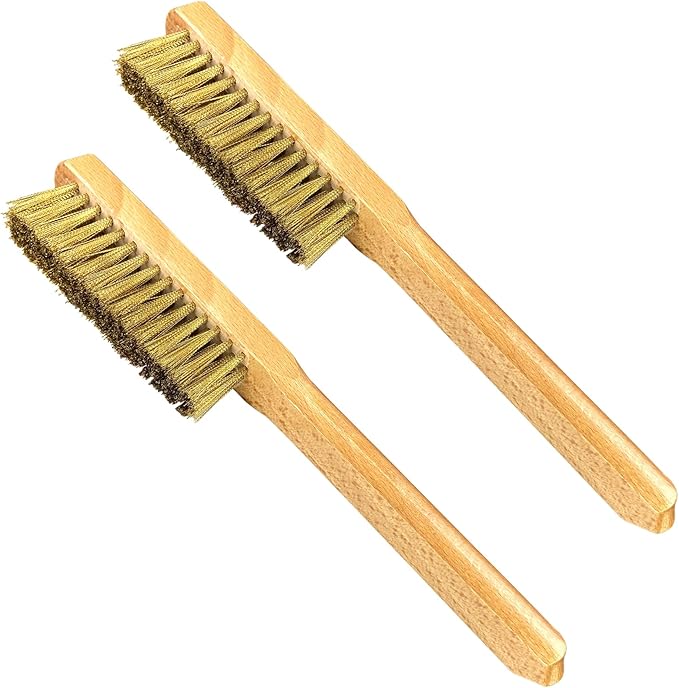 WEDO Wire Brush Set,2pcs 11" Brass Scratch Brush Set for Paint Removal,Cleaning Rust,Welding Slag,Grill Cleaning,Brass Bristle With Wooden Handle