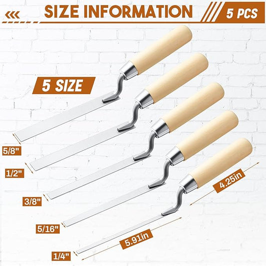 Lothee 5 Pcs Tuck Pointer Trowel Set with Wood Handle 6-3/4" by 1/4", 5/16, 3/8", 1/2", 5/8" Professional Mortar Repair and Masonry Tools for Tuck Pointing