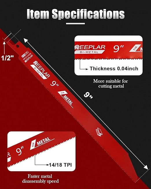 25 Pack 9 inch 14/18 TPI Bi-Metal Auto Dismantling Reciprocating Saw Blades for 1/16-5/16 Medium Metals, 9??18-TPI Sawzall Blade for Metal Cutting 25-Piece