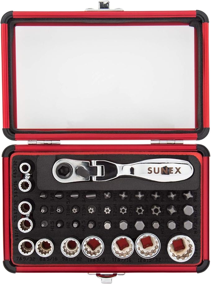 SUNEX TOOLS 9732 44Pc 1/4" Dr Mini Dual Flex Head RATCHET W Socket & Bit Set