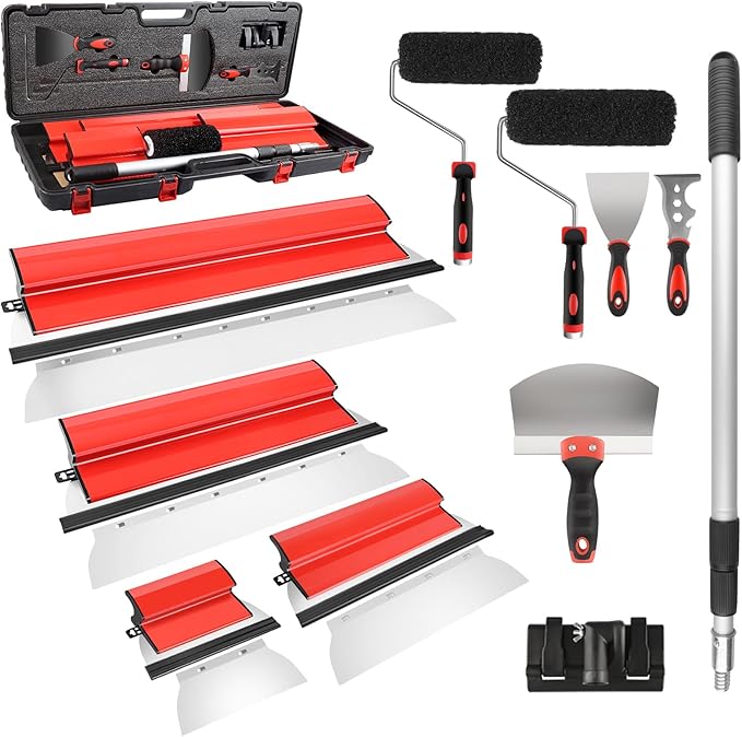 Drywall Skimming Blade Set with Portable Case, 10??16??24??32??Skimming Blades, 7??9??Drywall Compound Rollers, a Extension Handle and Three Drywall Tools for Drywall/Plaster/Wallboard