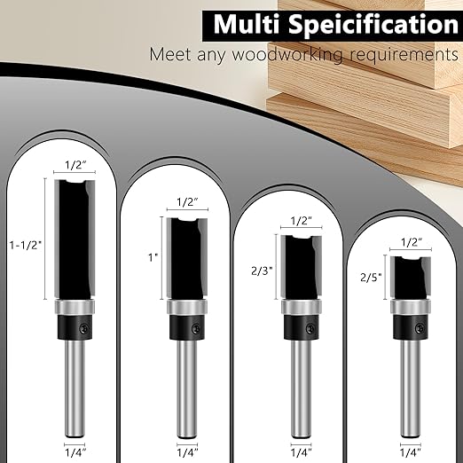 Feanron 4 Pcs Flush Trim Router Bit Set 1/4 Inch Shank, Carbide Tipped Straight Cut Pattern Router Bits Bottom Bearing, Sharp Double Blade Plunge Template Bit Woodworking Tools for Trimming (Black)