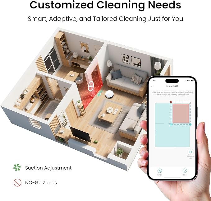 Lefant M350 Robot Vacuum and Mop Combo, 40-Day Self-Emptying, 190째 PSD Obstacle Avoidance,6000Pa Suction竊똒uiet,Smart Navigation,Self-Charging, for Hard Floor, Carpet, Pet Hair,150 Min Runtime.White