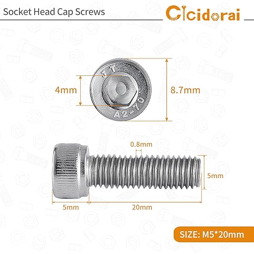 Cicidorai M5-0.8 x 20mm Socket Head Cap Screws Bolts, 304 Stainless Steel (A2-70), Allen Socket Drive, Bright Finish, Full Machine Threads, Quantity 50