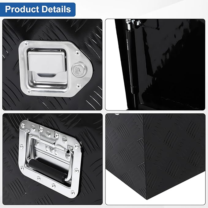 confote 44 Inch Heavy Duty Aluminum Stripes Plated Tool Box Pick Up Truck Bed RV Trailer Toolbox Waterproof Square Storage Organizer with Side Handle, Lock and Keys -44"x 18"x 18"，Black