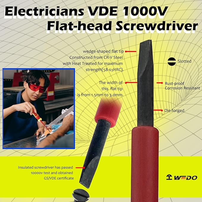 WEDO Insulated Precision Slotted Screwdriver, Magnetic Tip Mini Electrician Screwdriver, VDE 1000V, Size 1.8횞152mm, IEC 60900