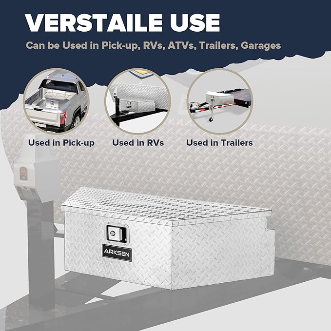 ARKSEN 39 Inch Aluminum Diamond Plate Tongue Box Tool Chest, Waterproof Under Truck Storage for Pick Up Truck Bed, RV Trailer, ATV with Lock and Keys - Silver