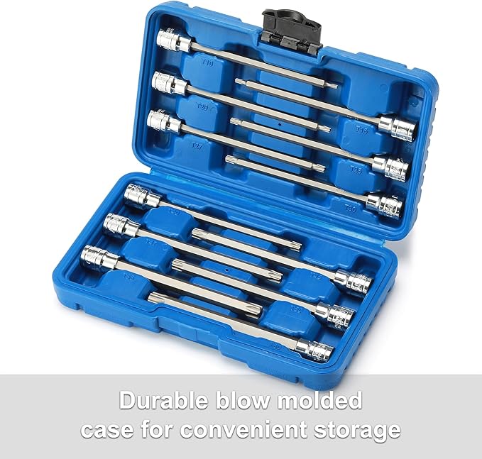 CASOMAN 3/8"Drive Extra Long Torx Bit Socket Set, 12 Piece Torx Star Bit Set, T10 to T60, Length: 150mm, CR-V&S2 Steel