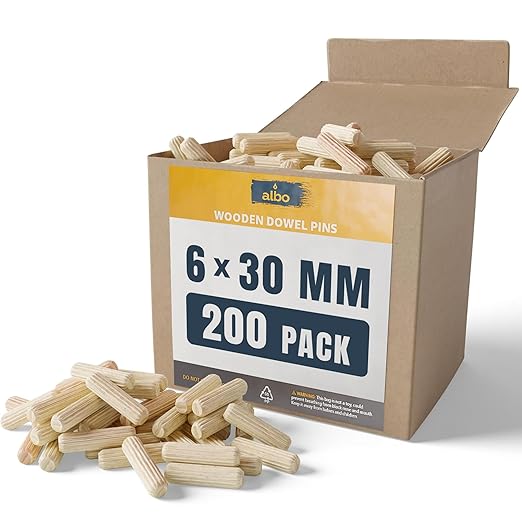 ALBO Wooden Dowel Pins 6mm x 30mm Fluted Wood Dowels Rods 200 Pack Hardwood Crafts Dowel Pegs