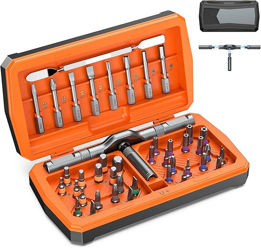 43 in 1 Ratchet Screwdriver Set with T-Handle, Magnetic Screwdriver Kit with 40 S2 Steel Bits, Precision Ratchet Wrench, Metal Pry Bar, Repair Tool Kit for Electronics Furniture Bike Home DIY