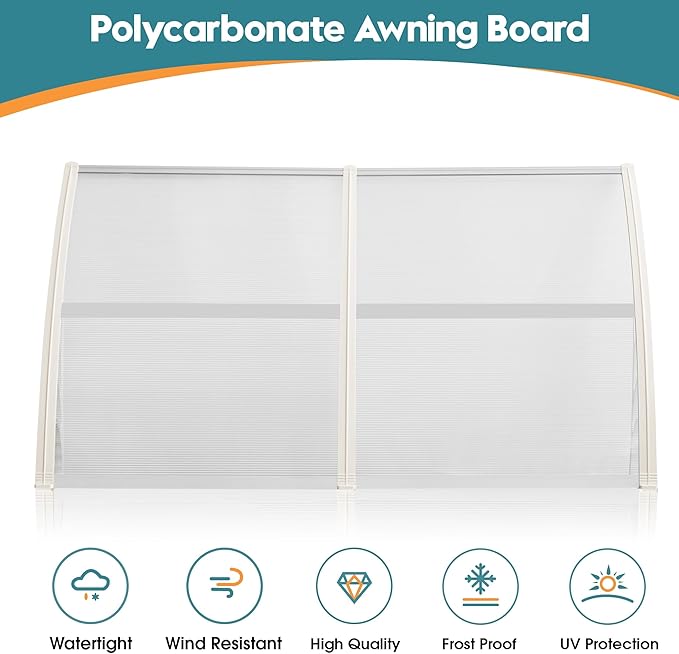 MCombo 78.2" x 37.8" Window Awning Outdoor Polycarbonate Front Door Patio Cover Garden Canopy, 6055-4080(Clear Board with White Bracket)