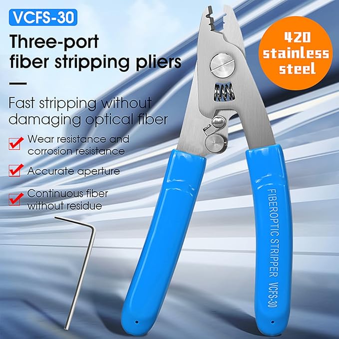 FYBOPTWU - 1 pc 3 Hole Fiber Stripper Stainless Steel CFS-3 Fiber Optic Stripper 3 Port Hole Fiber Optic Stripping Tool with 6" handle, Blue