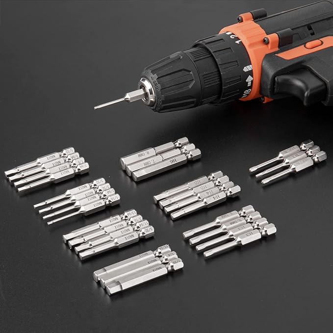 30 Piece Hex Head Allen Wrench Drill Bit Set, 1/4 Inch Shank Metric and SAE S2 Steel Hex Bit Set, Magnetic Tips 50mm Long (SAE+METRIC BITS)
