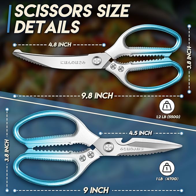 TIJERAS Kitchen Scissors Set Blue - Stainless Steel Kitchen Shear, Sharp Meat Scissors Dishwasher Safe, Heavy Duty Poultry Shears, Japanese Cooking Scissor for Food, Chicken,Turkey, Christmas Gifts