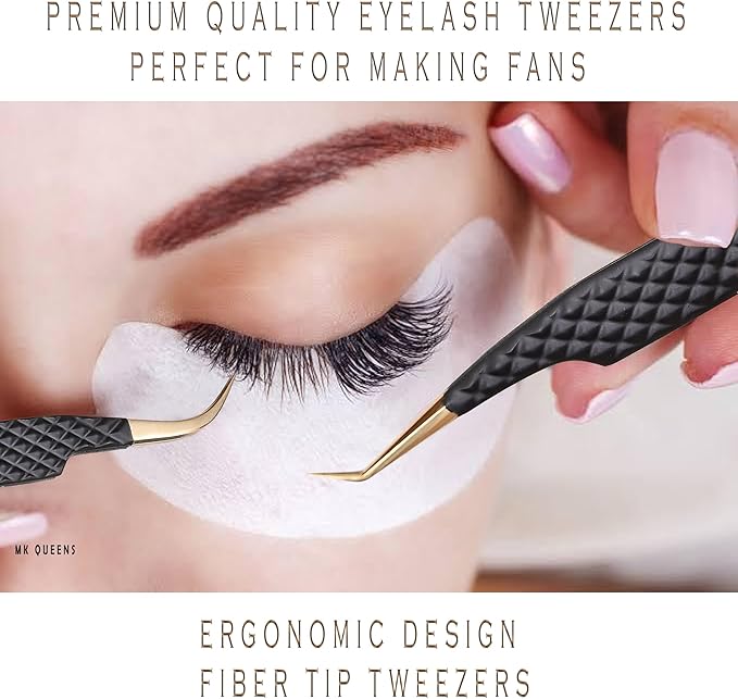 Lash Tweezers - Stainless Steel Fiber Tip Eyelash Tweezers (Set of 4) - Diamond Grip Professional Lash Tweezers for Eyelash Extensions (Black)