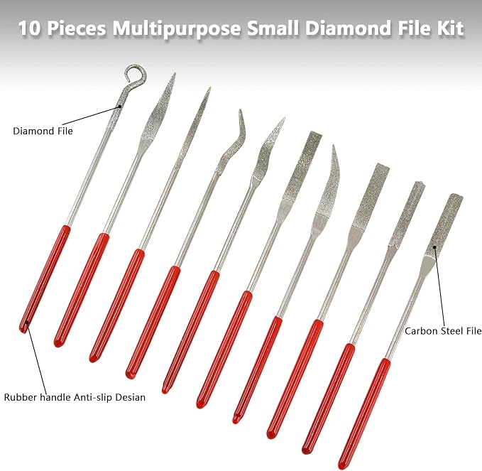 Litoexpe 10 Pieces Mini Needle File Set, Multipurpose Small Diamond File Kit Jewelers File for Metal, Crafts, Wood Carving, Plastic Sanding, 3x140mm Bent Tool