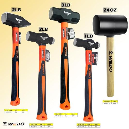 WEDO 5-Piece Hammer Set,1lb Ball Pein Hammer,2lb Ball Pein Hammer,3lb Sledge Hammer,2lb Cross Pein Hammer,24oz Rubber Mallet Hammer,High Carbon Steel,Fiberglass Handle