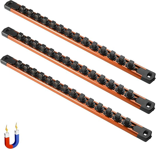 ALOANES 3-Piece Magnetic Socket Organizer, Heavy Duty Aluminum Socket Rails Organizer, 360째 Swivel Clips Socket Rail Set For Sockets Storage, 3/8-Inch Socket Holder x 42 Clips (Orange)