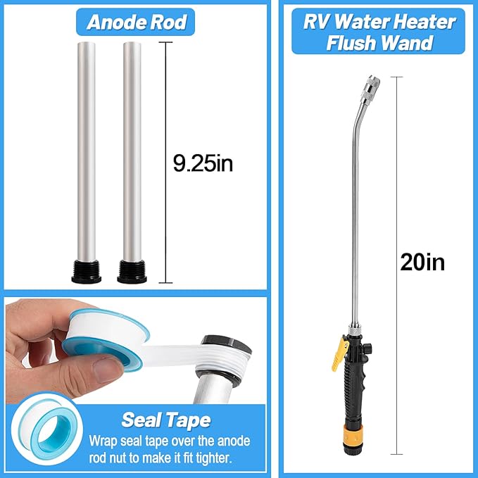 PAMASE 4Pcs RV Water Heater Anode Rod and Flush Wand Set- 9.25"L x 3/4" NPT Thread Magnesium Rod for Suburban and Mor-Flo, Camper Hot Water Tank Element Parts & Cleaning Rinser & Seal Tape…